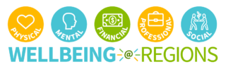 wellbeing at regions logo. Icons for physical, mental financial, professional, and social wellbeing.